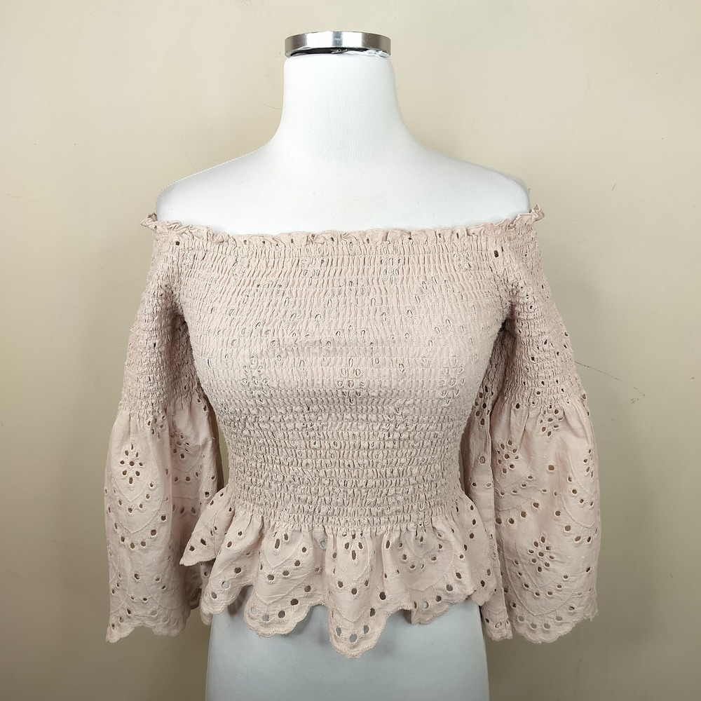 Express Eyelet Smocked Top XS Off Shoulder Bell Sleeve Boho Blush Pink